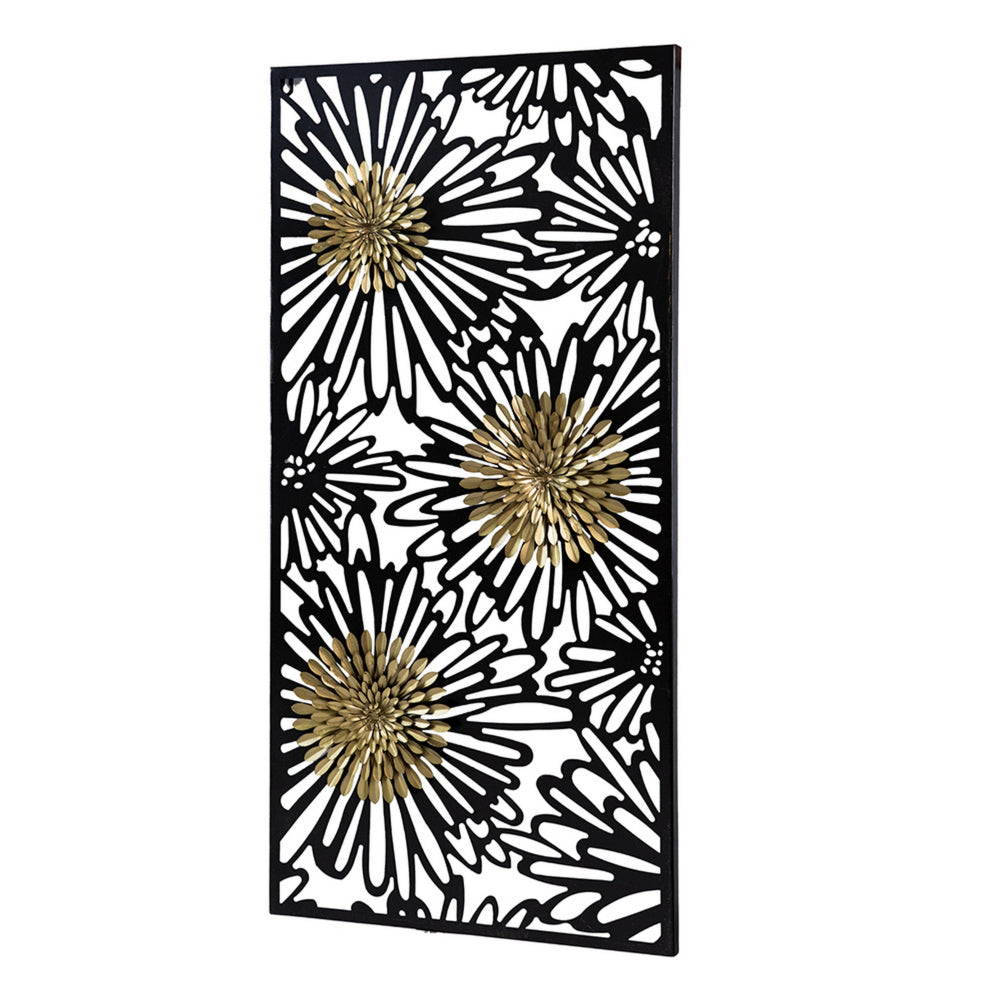 39 Inch Wall Art Decor, Rectangular Flower Bloom Design, Black, Gold Iron