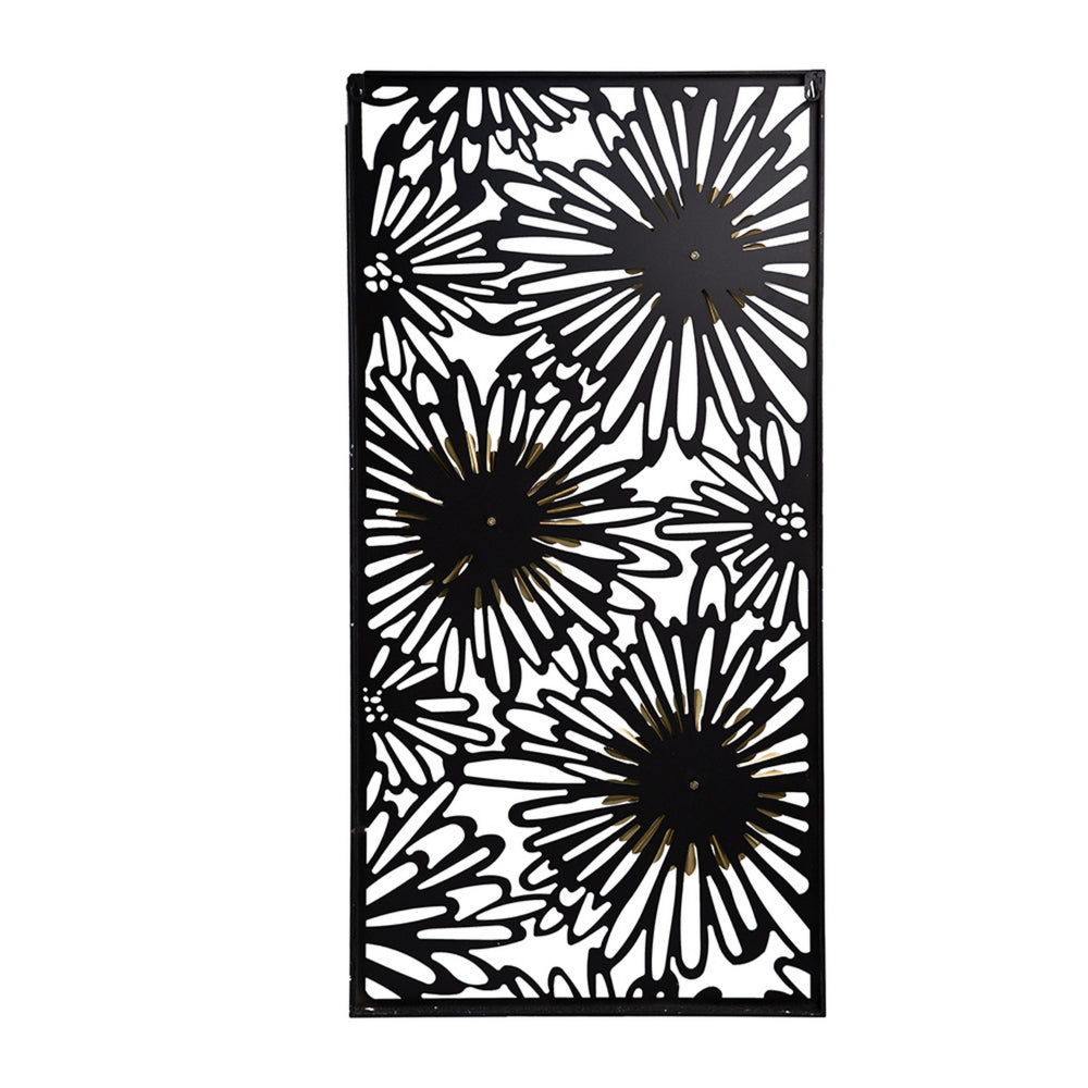 39 Inch Wall Art Decor, Rectangular Flower Bloom Design, Black, Gold Iron