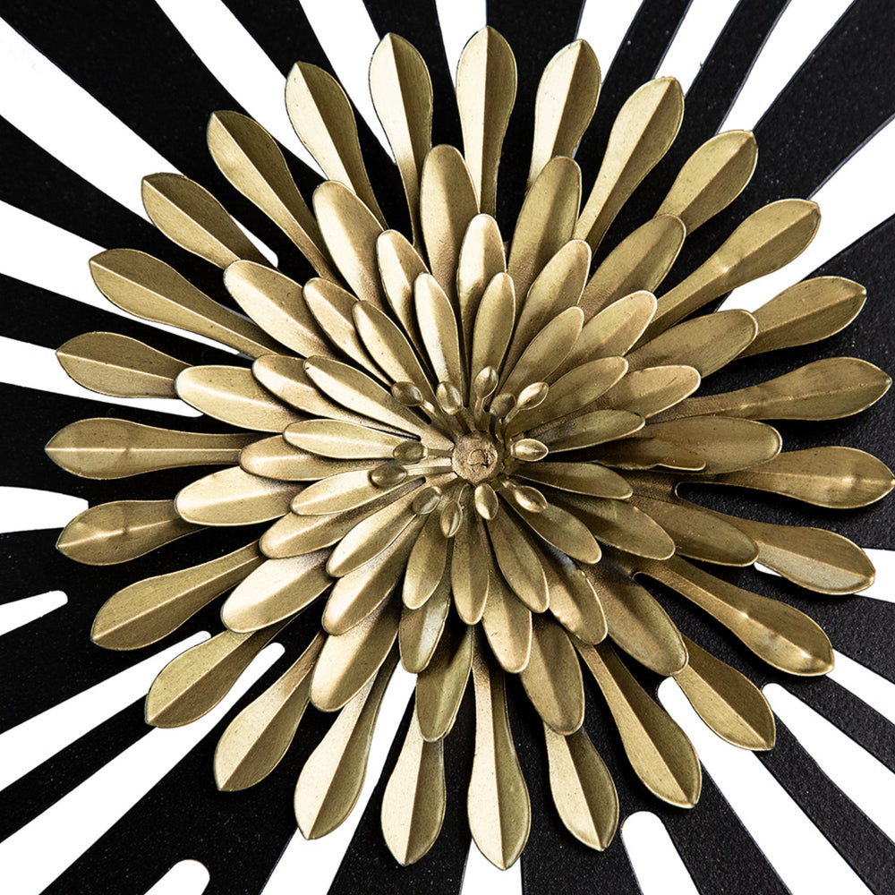 39 Inch Wall Art Decor, Rectangular Flower Bloom Design, Black, Gold Iron