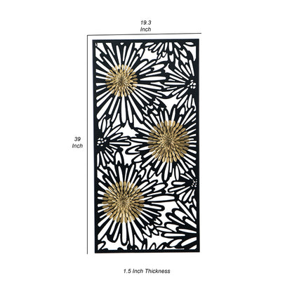 39 Inch Wall Art Decor, Rectangular Flower Bloom Design, Black, Gold Iron