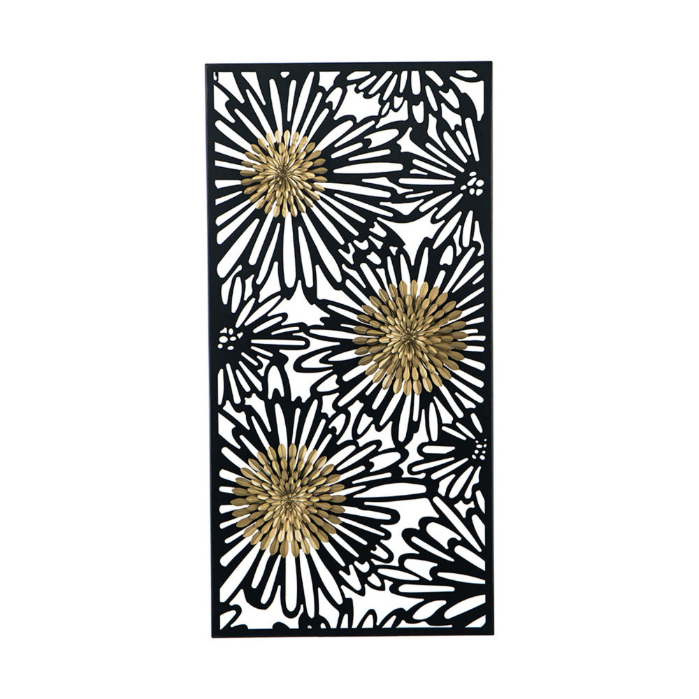 39 Inch Wall Art Decor, Rectangular Flower Bloom Design, Black, Gold Iron