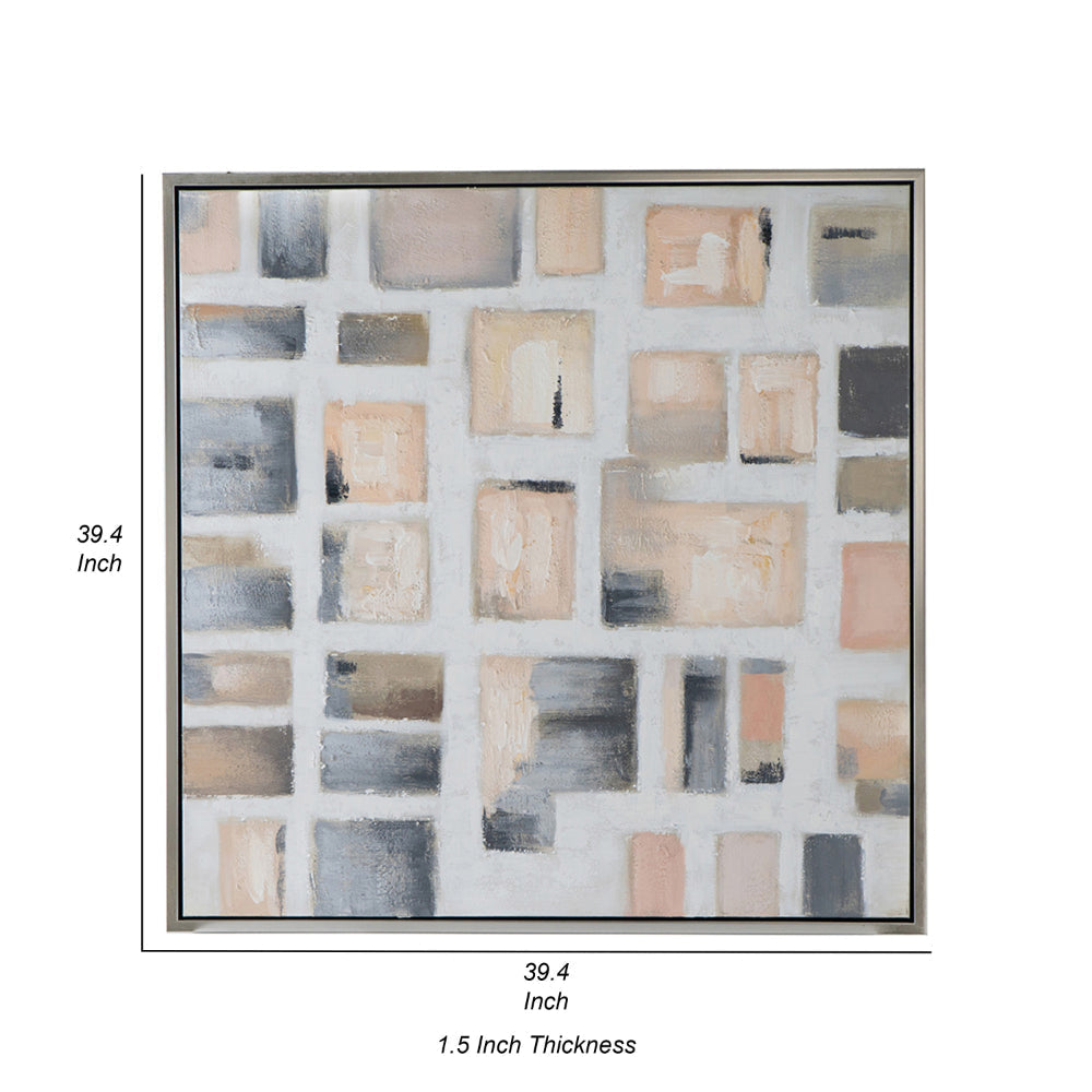 39 x 39 Framed Handpainted Wall Art, Cornerstone Square, Canvas, White Gray