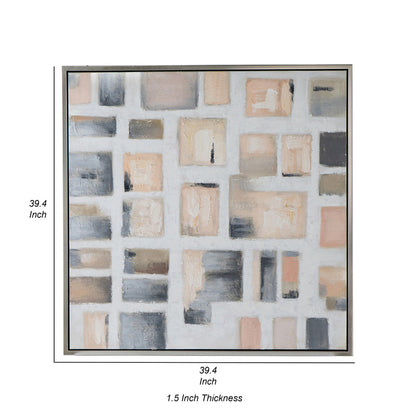 39 x 39 Framed Handpainted Wall Art, Cornerstone Square, Canvas, White Gray