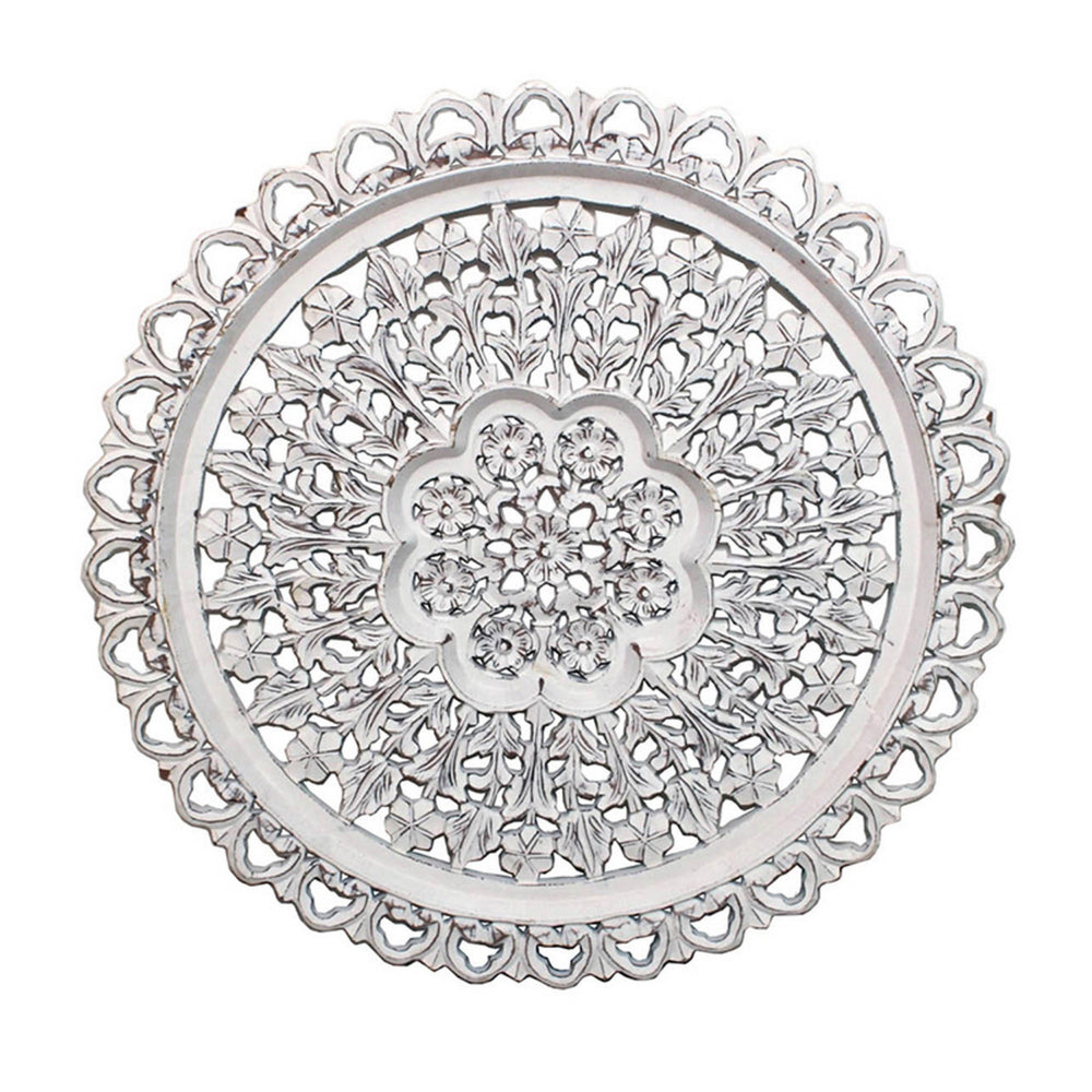 35 Inch Hanging Wall Art Decor, Round, 3D Carved, Rustic White Finish