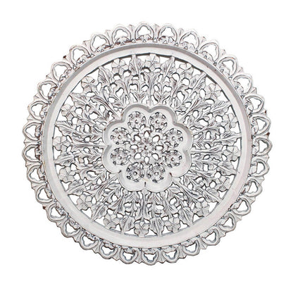 35 Inch Hanging Wall Art Decor, Round, 3D Carved, Rustic White Finish