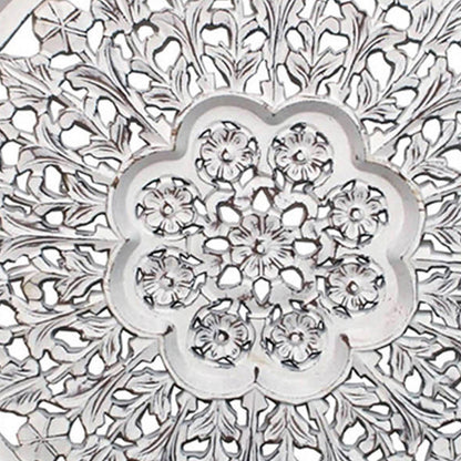 35 Inch Hanging Wall Art Decor, Round, 3D Carved, Rustic White Finish