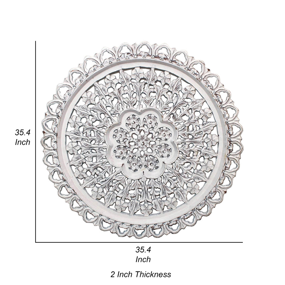 35 Inch Hanging Wall Art Decor, Round, 3D Carved, Rustic White Finish
