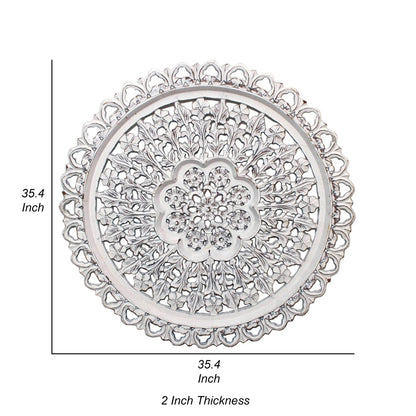 35 Inch Hanging Wall Art Decor, Round, 3D Carved, Rustic White Finish