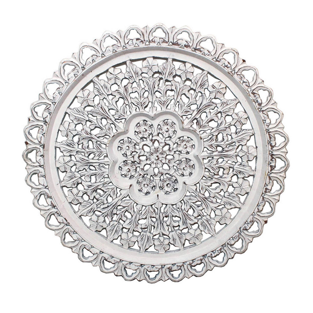35 Inch Hanging Wall Art Decor, Round, 3D Carved, Rustic White Finish