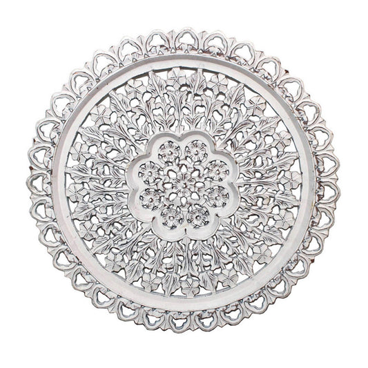 35 Inch Hanging Wall Art Decor, Round, 3D Carved, Rustic White Finish