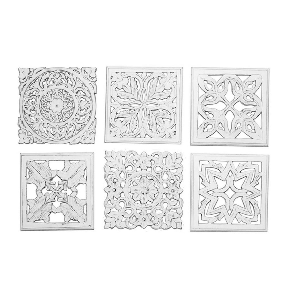 12 x 12 Wall Art Panel Set of 6, Intricate Carved Sculpture, White Finish