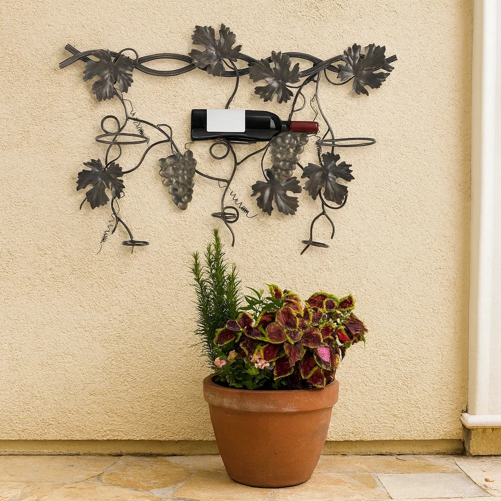 22 Inch Wall Hanging Wine Rack, Grape Bottle Stand, Black Metal