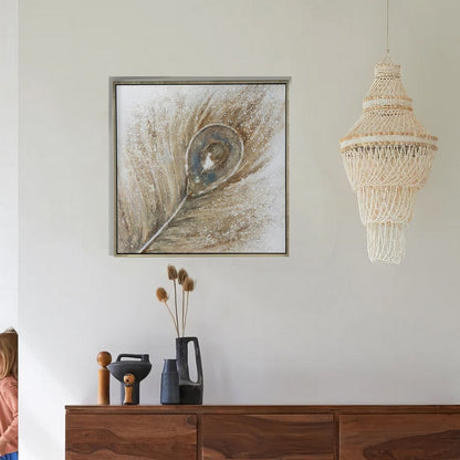 39 x 39 Handpainted Wall Art, Peacock Feather Painting, Blue and Gold