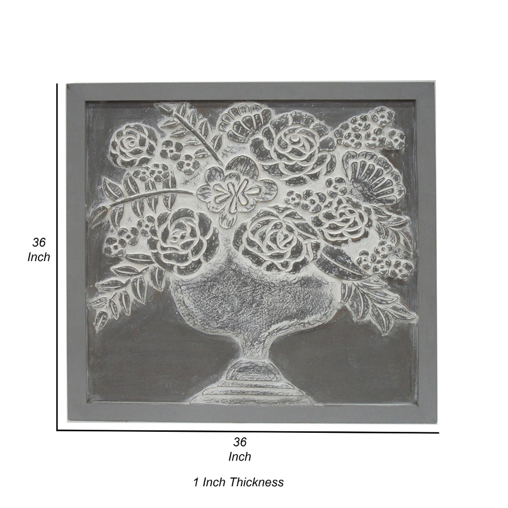 36x36 Inch Wall Art Panel, Carved Flower Vase Design, Gray White Wood