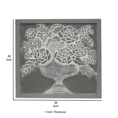 36x36 Inch Wall Art Panel, Carved Flower Vase Design, Gray White Wood