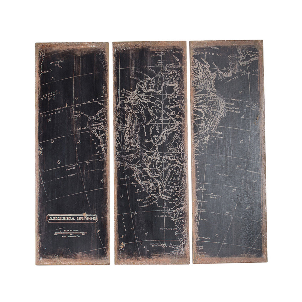 12x35 Inch 3 Piece Wall Art Panel, Continental South America Design, Black
