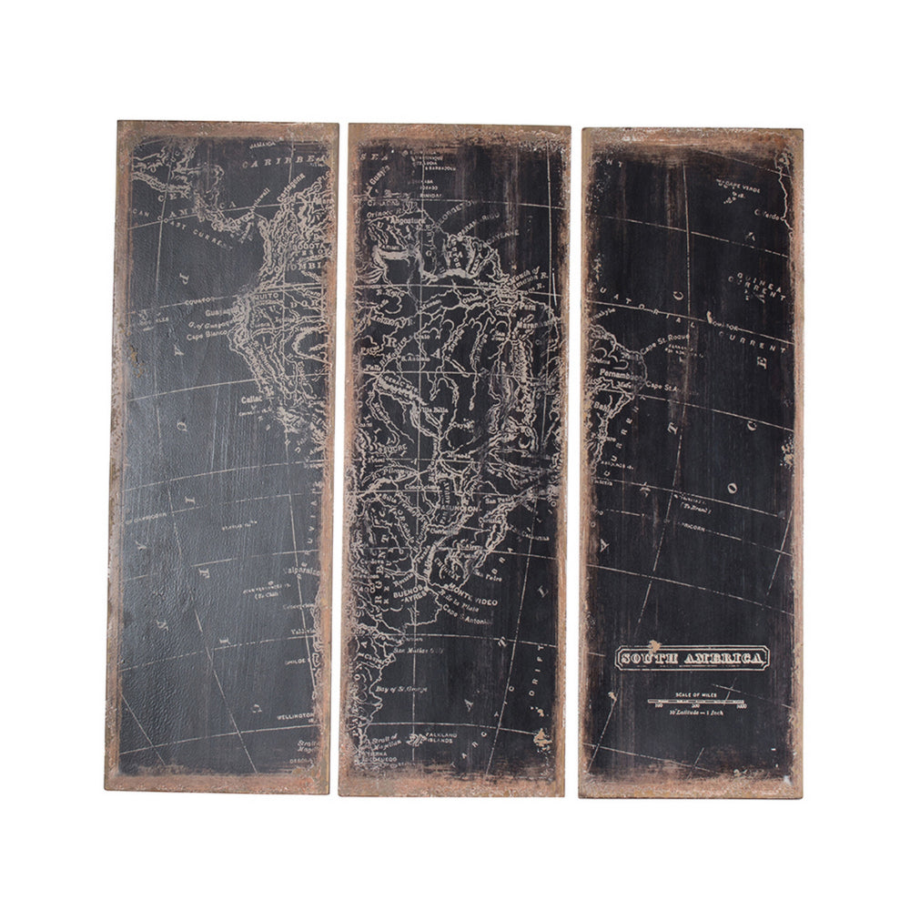 12x35 Inch 3 Piece Wall Art Panel, Continental South America Design, Black
