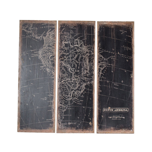 12x35 Inch 3 Piece Wall Art Panel, Continental South America Design, Black