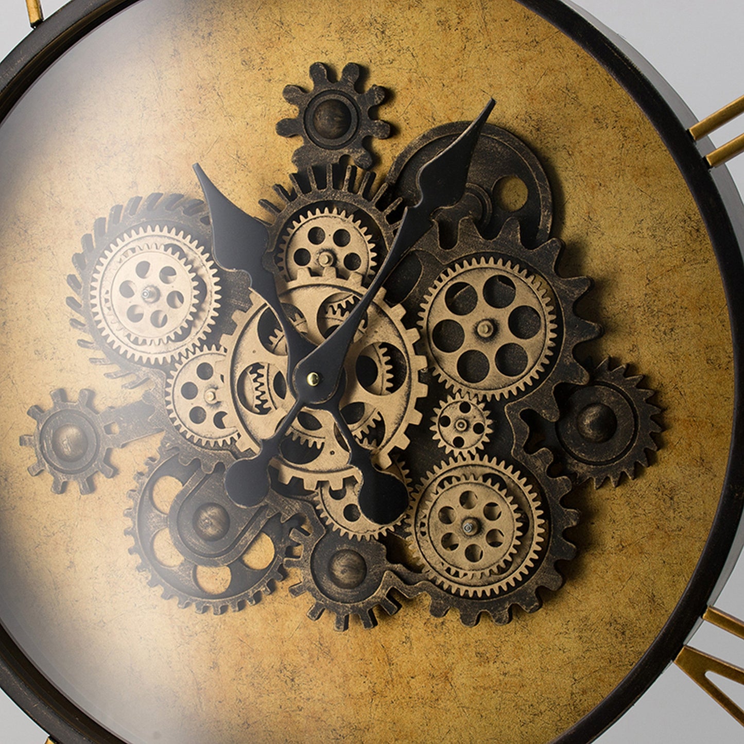 21 Inch Round Wall Clock, Gear Design, Numbered Analog, Gold Bronze Iron