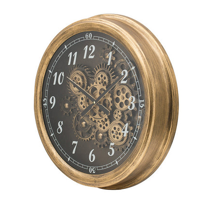 21 Inch Round Wall Clock, Gear Design, Numbered Analog, Gold Bronze Iron