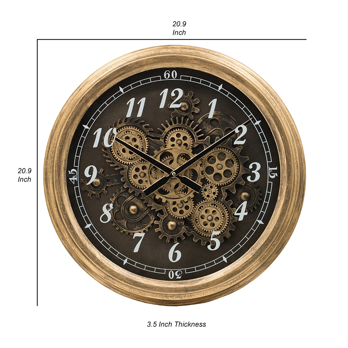 21 Inch Round Wall Clock, Gear Design, Numbered Analog, Gold Bronze Iron