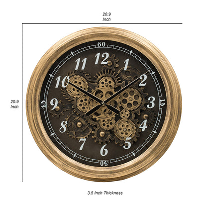 21 Inch Round Wall Clock, Gear Design, Numbered Analog, Gold Bronze Iron