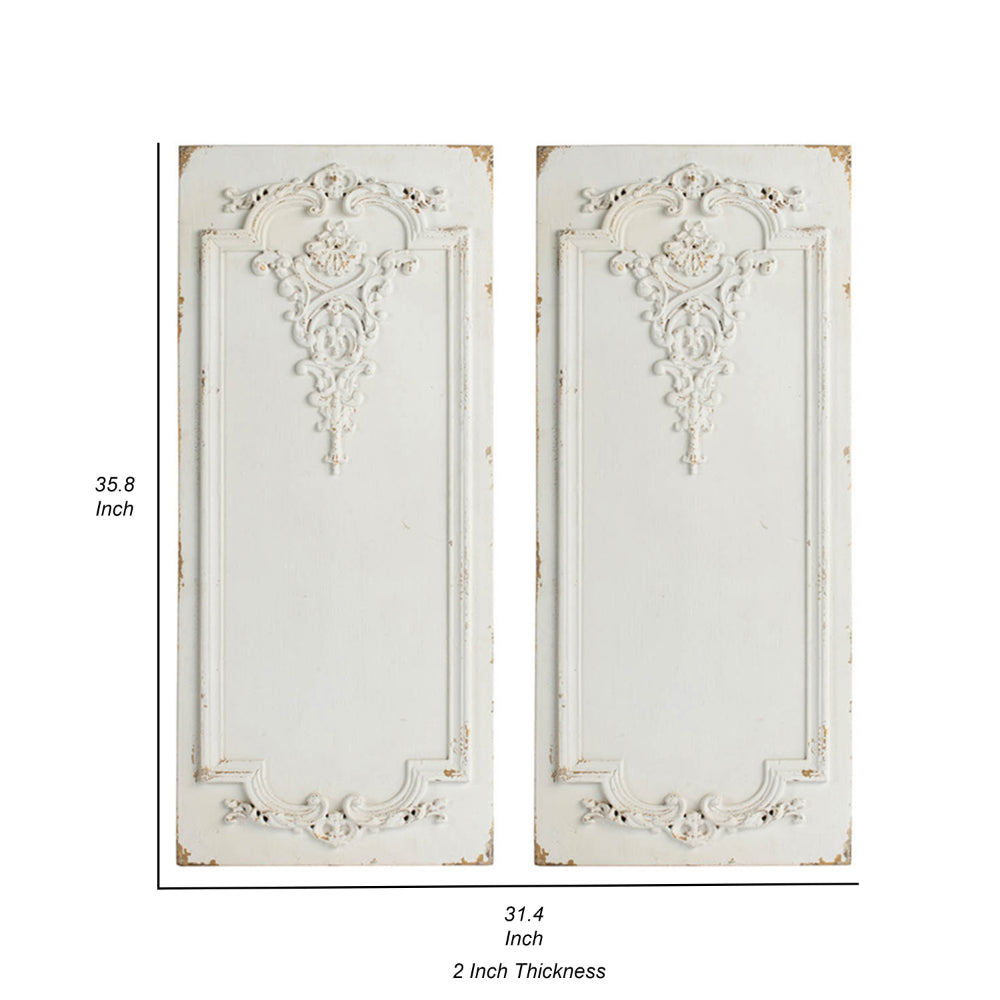 16 x 36 Large Wall Art Decor Panel Set of 2, Carved Gold Border White Resin