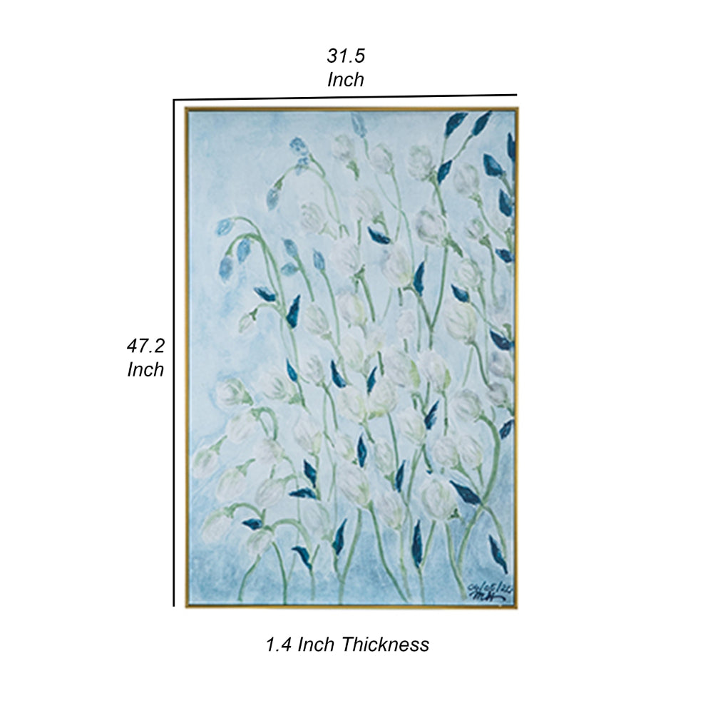 32 x 47 Inch Botanical Wall Art Decor, Blue White Floral Framed Canvas