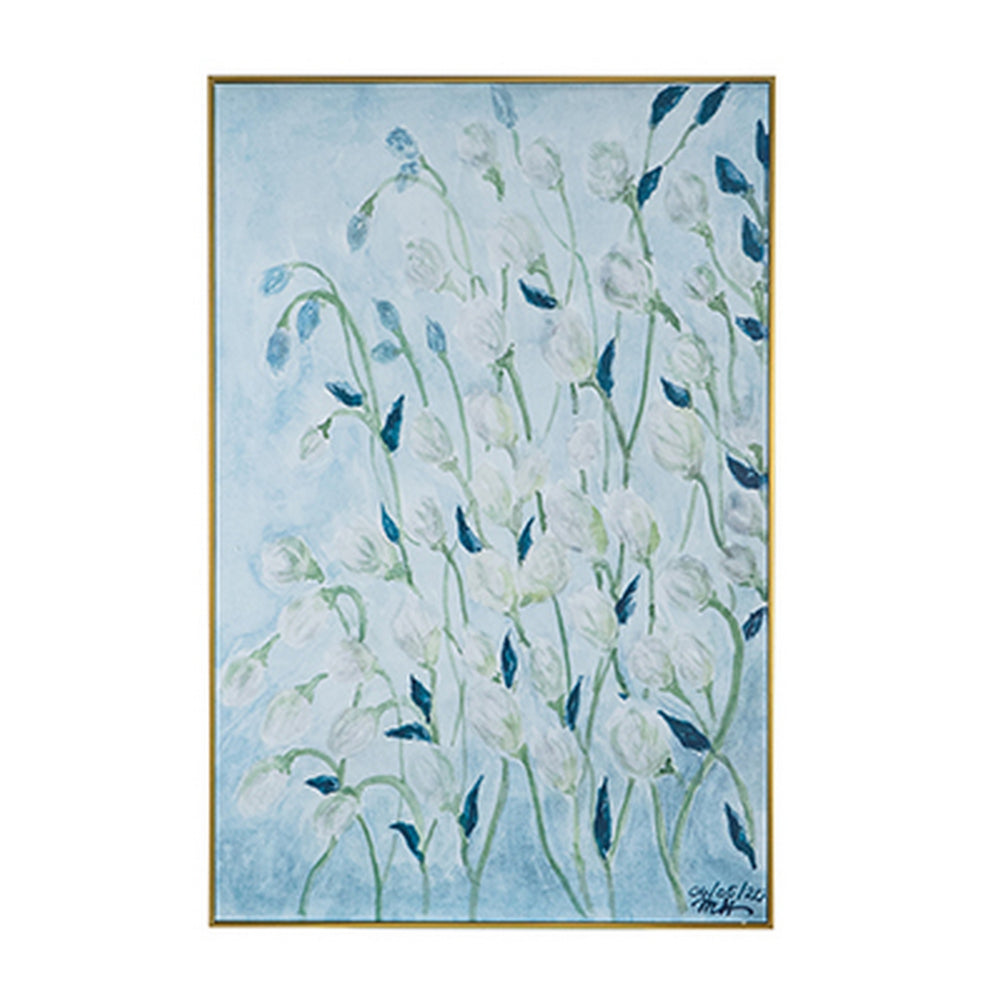 32 x 47 Inch Botanical Wall Art Decor, Blue White Floral Framed Canvas