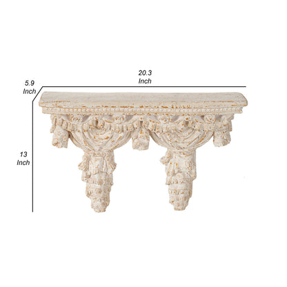 Siry 20 Inch Antique Wall Shelf, Carved Home Decor Accent, White Magnesium
