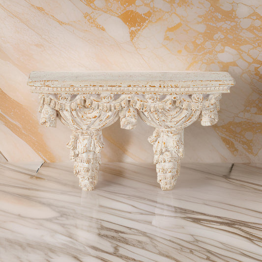 Siry 20 Inch Antique Wall Shelf, Carved Home Decor Accent, White Magnesium