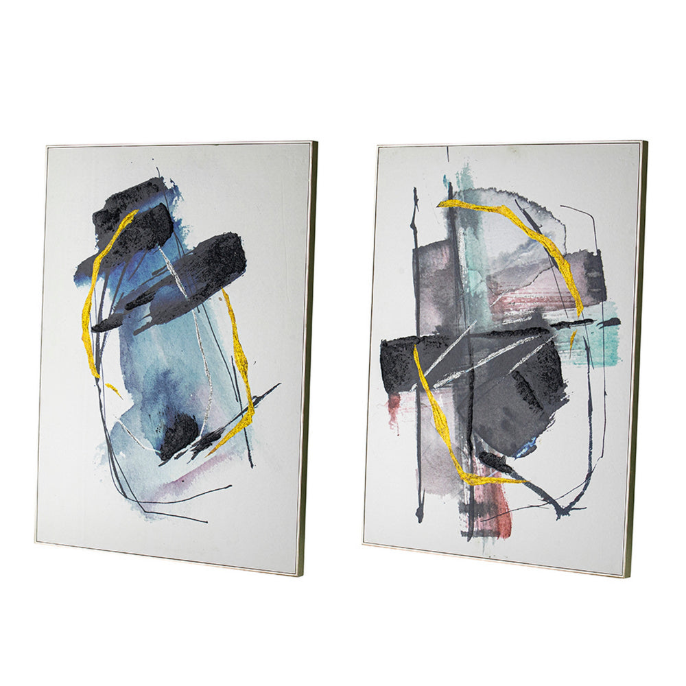 24 x 32 Abstract Wall Art Set of 2, Black and Blue Painting, Silver Wood