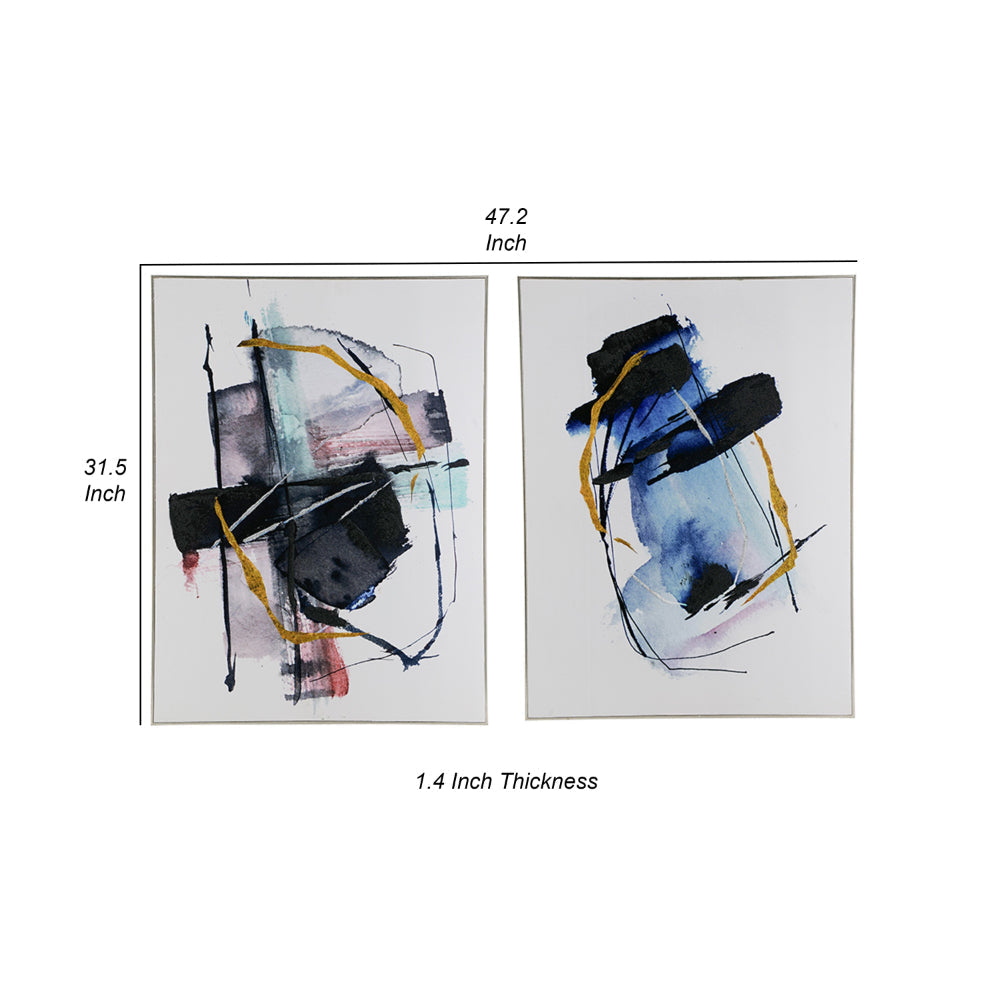 24 x 32 Abstract Wall Art Set of 2, Black and Blue Painting, Silver Wood