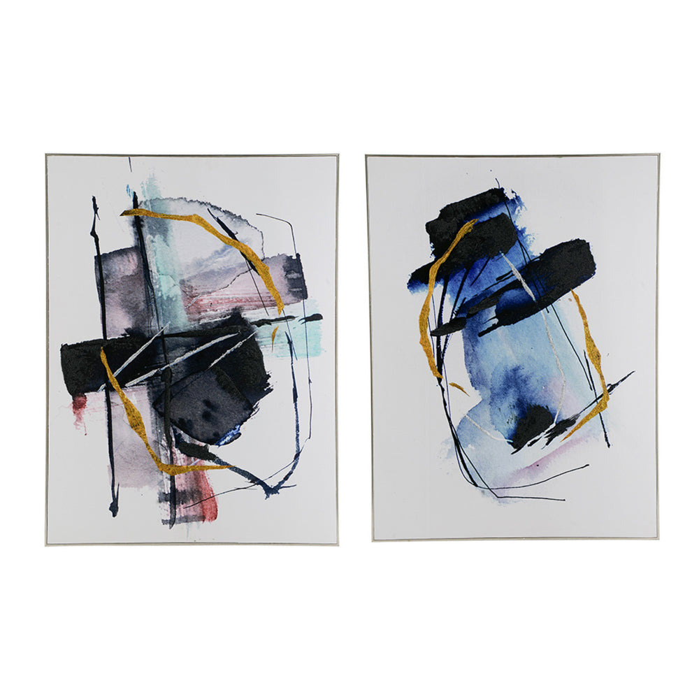 24 x 32 Abstract Wall Art Set of 2, Black and Blue Painting, Silver Wood