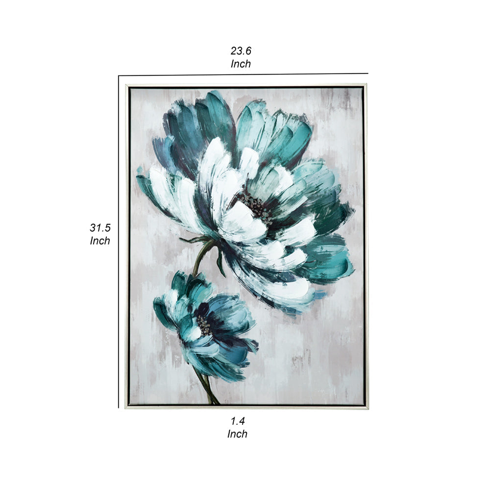 Ayn 24 x 32 Floral Wall Art, Handpainted, Blue, Green, Gray, Wood Frame