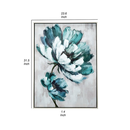 Ayn 24 x 32 Floral Wall Art, Handpainted, Blue, Green, Gray, Wood Frame