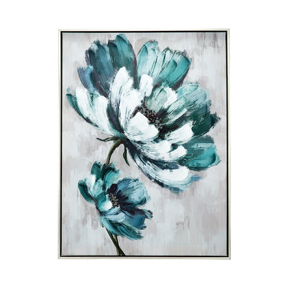 Ayn 24 x 32 Floral Wall Art, Handpainted, Blue, Green, Gray, Wood Frame