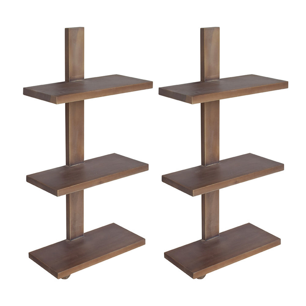 Firy 37 Inch Set of 2 Hanging Shelves, 3 Tiers, Natural Waru Wood Finish