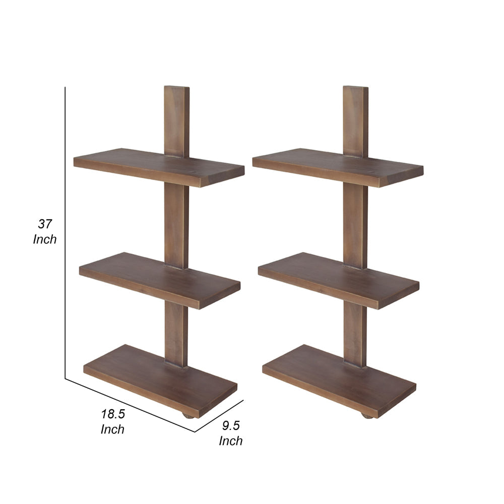 Firy 37 Inch Set of 2 Hanging Shelves, 3 Tiers, Natural Waru Wood Finish