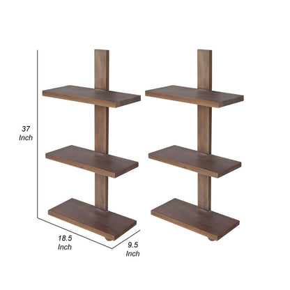 Firy 37 Inch Set of 2 Hanging Shelves, 3 Tiers, Natural Waru Wood Finish