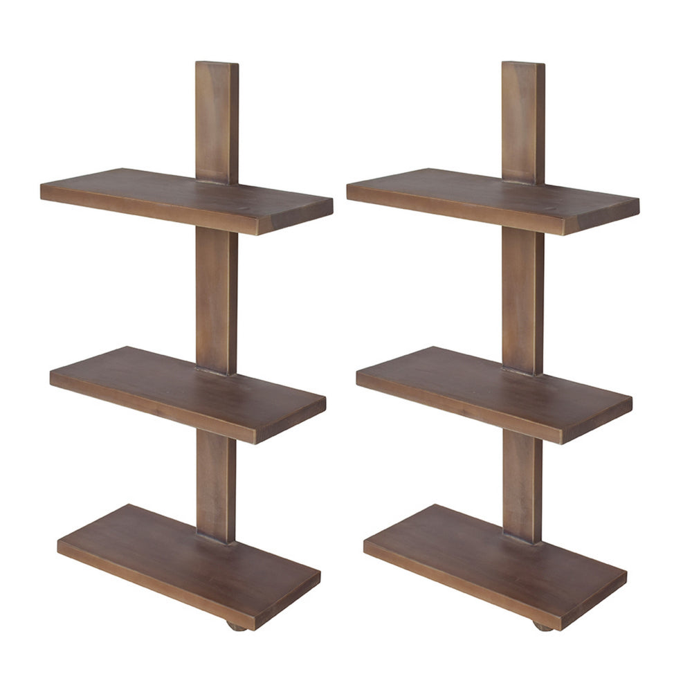 Firy 37 Inch Set of 2 Hanging Shelves, 3 Tiers, Natural Waru Wood Finish