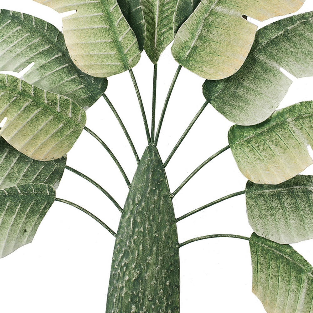32 Inch Metal Banana Leaf 3D Wall Decoration, Green and White Tones