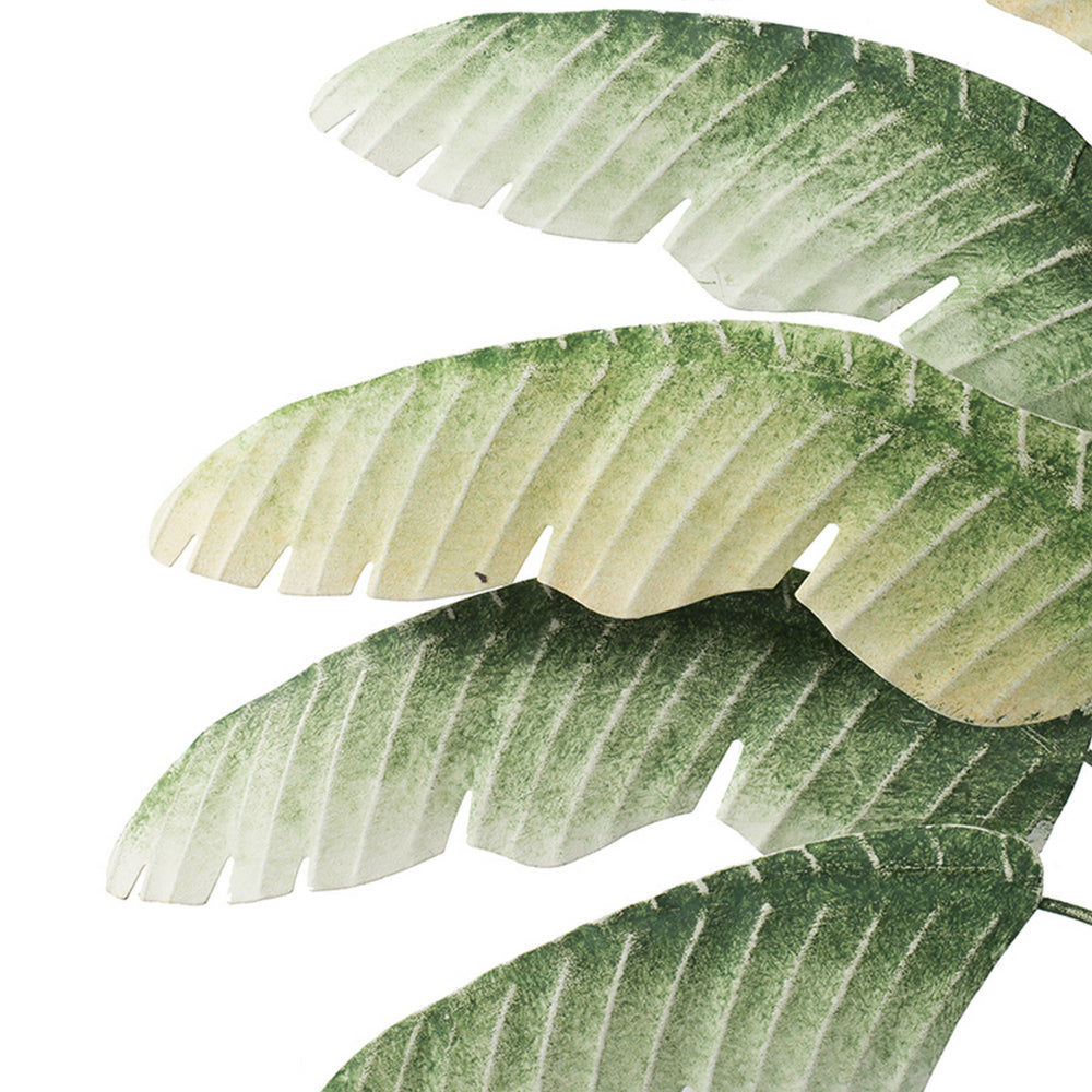 32 Inch Metal Banana Leaf 3D Wall Decoration, Green and White Tones