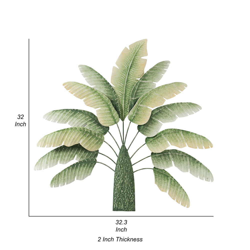 32 Inch Metal Banana Leaf 3D Wall Decoration, Green and White Tones