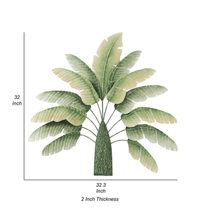 32 Inch Metal Banana Leaf 3D Wall Decoration, Green and White Tones