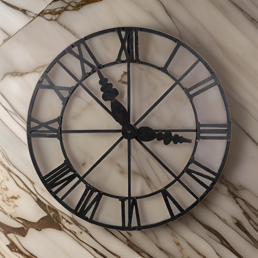 46 Inch Faux Clock Wall Decor, Round, Vintage Style, Matte Black Finish