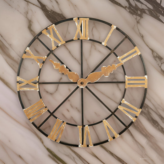 46 Inch Faux Clock Wall Decor, Round, Vintage Style, Gold, Black Finish