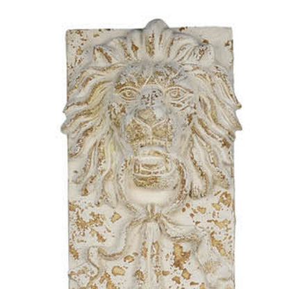 84 Inch Tall Lion Sculptural Wall Decor, Gold Accents, Antique White Finish