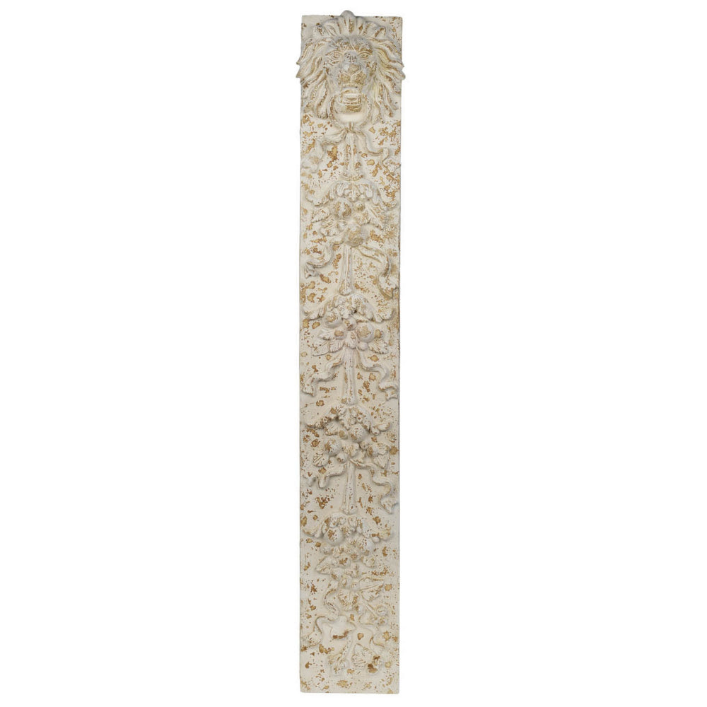 84 Inch Tall Lion Sculptural Wall Decor, Gold Accents, Antique White Finish