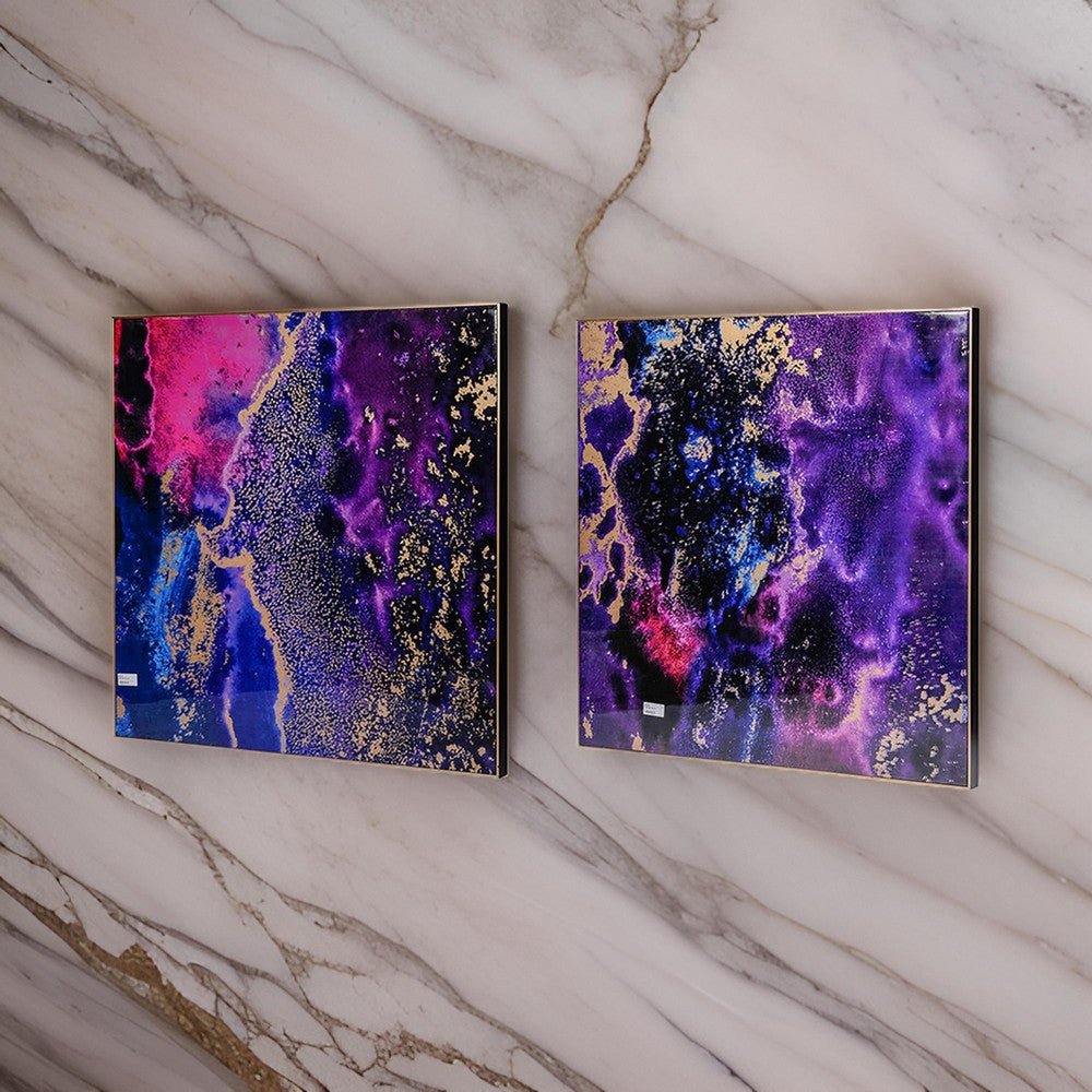 35 x 35 Set of 2 Framed Wall Art Prints, Gold Pink Purple Abstract Painting
